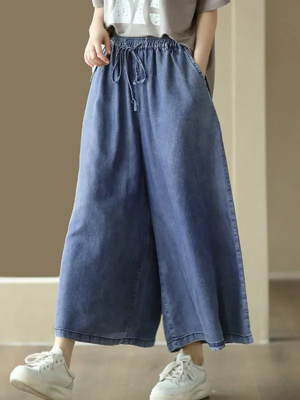 High Waisted Ninth Pants Drawstring Elasticity Pockets Wide Leg Jean Pants