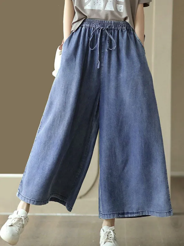 High Waisted Ninth Pants Drawstring Elasticity Pockets Wide Leg Jean Pants