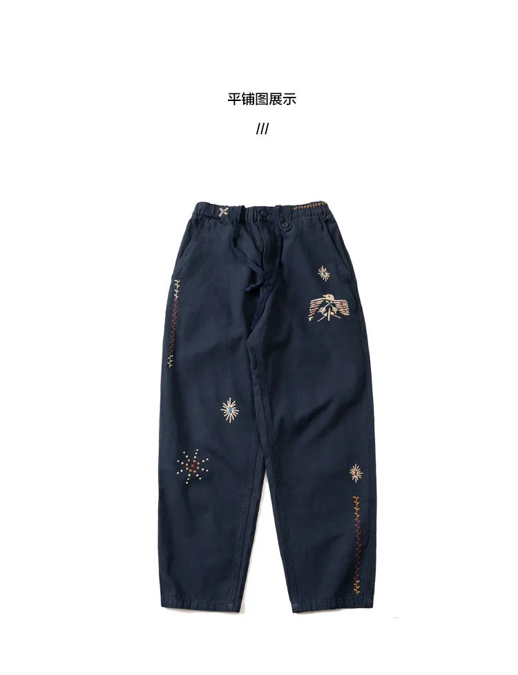 Japanese Khaki personality retro elements Thunderbird embroidery navy blue elastic waist loose casual pants straight pants men's pants