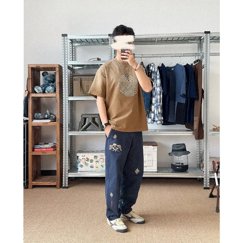 Japanese Khaki personality retro elements Thunderbird embroidery navy blue elastic waist loose casual pants straight pants men's pants