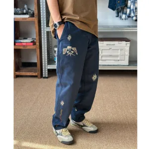 Japanese Khaki personality retro elements Thunderbird embroidery navy blue elastic waist loose casual pants straight pants men's pants