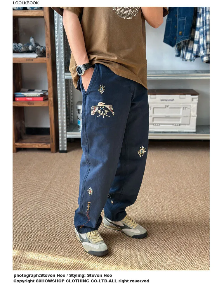 Japanese Khaki personality retro elements Thunderbird embroidery navy blue elastic waist loose casual pants straight pants men's pants