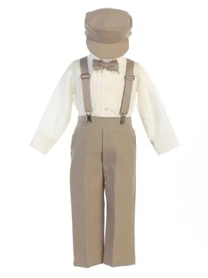 Khaki Longsleeves Boys Suspender Pants Set w/ Hat