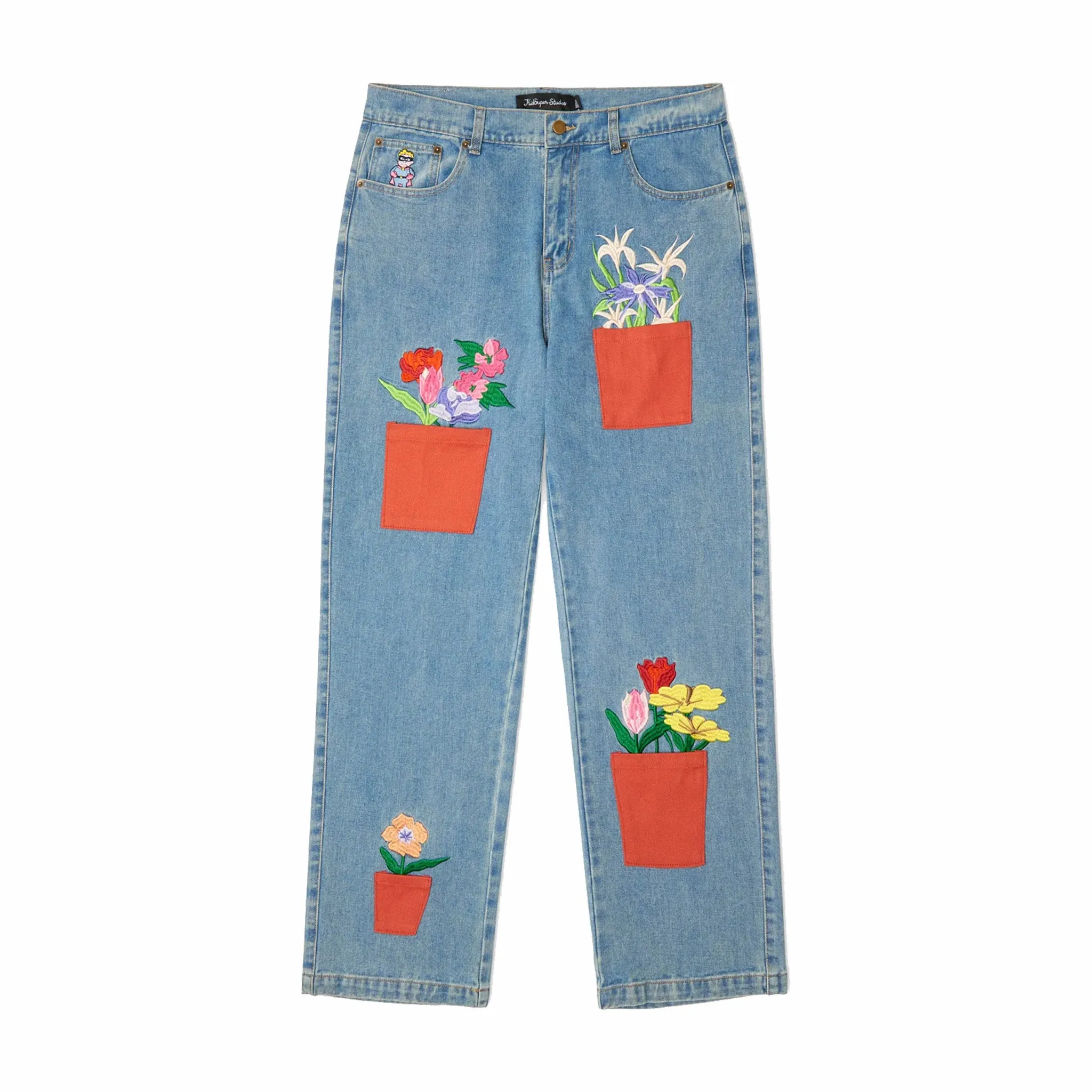 KidSuper Studios Blue Denim Jeans with All-Over Floral Print