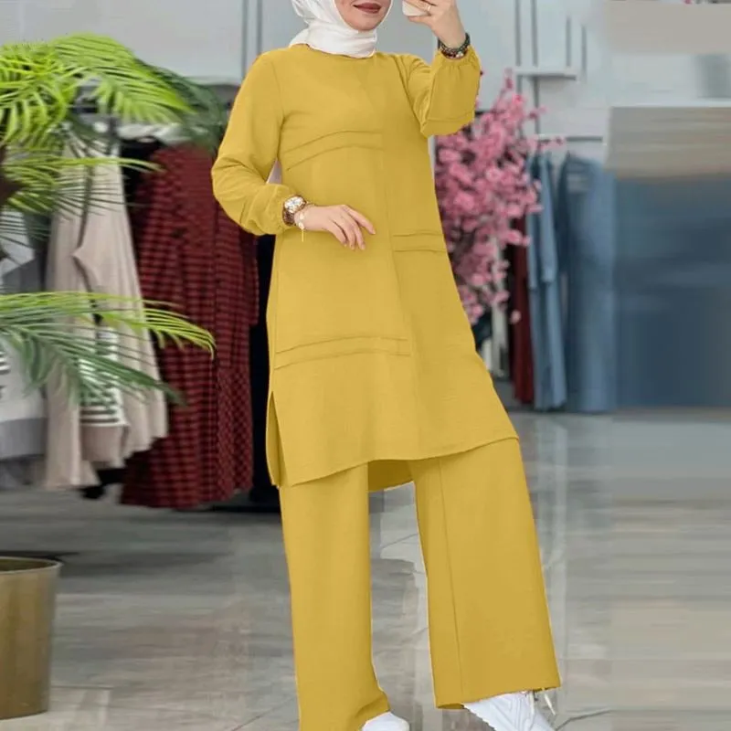 L8052  Muslim women's two-piece sportswear double bars elegant solid color long-sleeved shirt wide-leg pants suit abaya