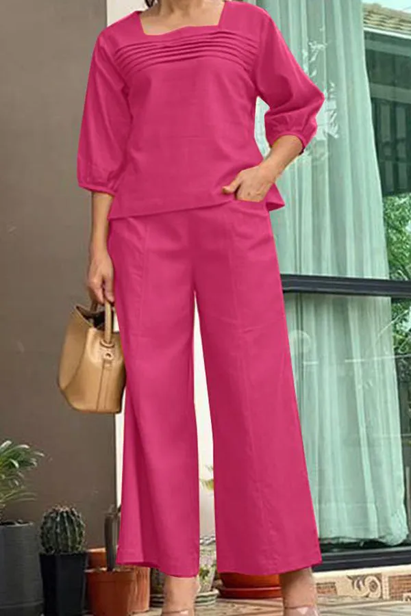 Loose solid color long sleeved top wide leg pants set