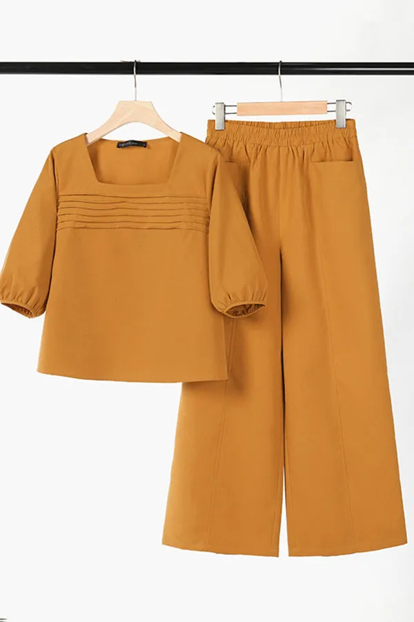 Loose solid color long sleeved top wide leg pants set