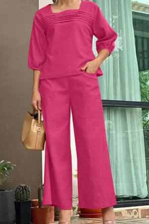 Loose solid color long sleeved top wide leg pants set