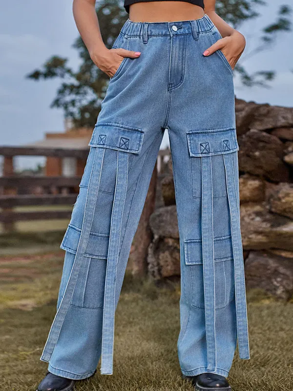 Loose Straight Leg High-Waisted Pockets Split-Joint Streamer Jean Pants Bottoms