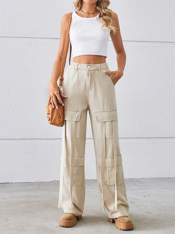 Loose Straight Leg High-Waisted Pockets Split-Joint Streamer Jean Pants Bottoms