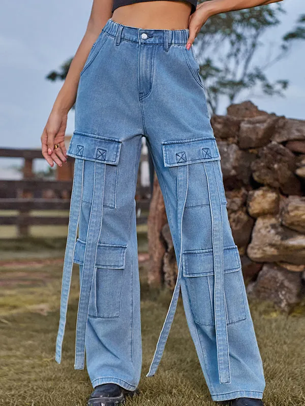 Loose Straight Leg High-Waisted Pockets Split-Joint Streamer Jean Pants Bottoms