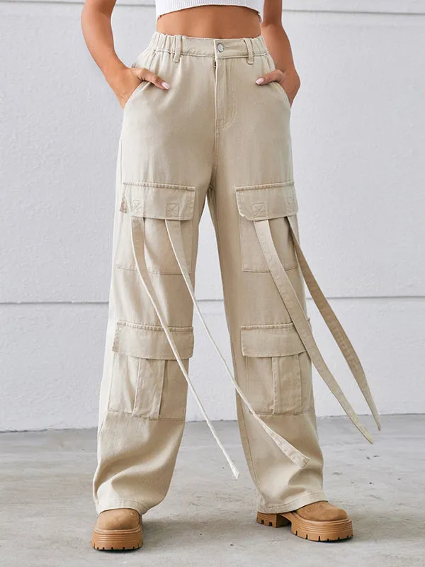 Loose Straight Leg High-Waisted Pockets Split-Joint Streamer Jean Pants Bottoms