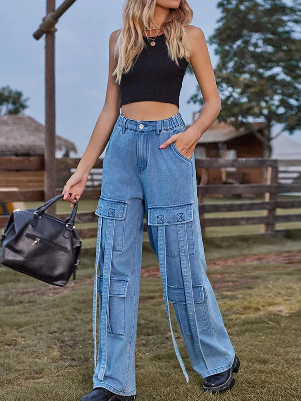 Loose Straight Leg High-Waisted Pockets Split-Joint Streamer Jean Pants Bottoms