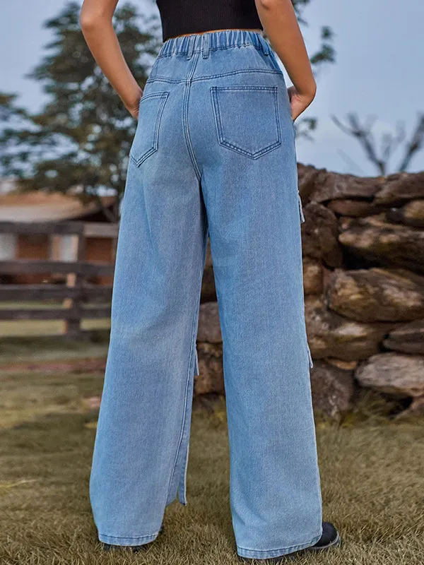 Loose Straight Leg High-Waisted Pockets Split-Joint Streamer Jean Pants Bottoms