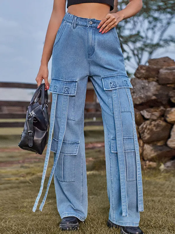 Loose Straight Leg High-Waisted Pockets Split-Joint Streamer Jean Pants Bottoms