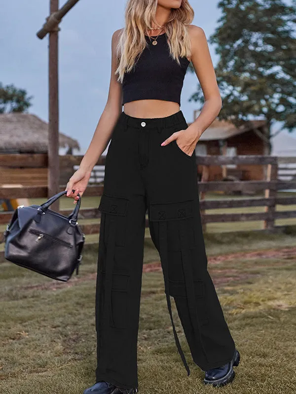 Loose Straight Leg High-Waisted Pockets Split-Joint Streamer Jean Pants Bottoms