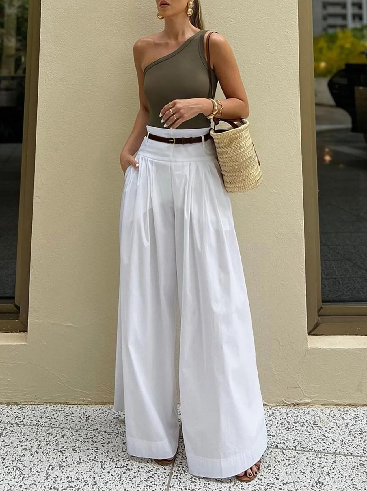 Loose Wide Leg Belted Solid Color Casual Pants Bottoms Trousers