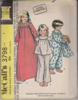 McCall's 3798 Girls Pajamas Nightgown Pajama Bag Vintage 1970's Pattern