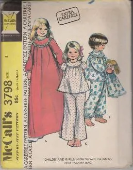 McCall's 3798 Girls Pajamas Nightgown Pajama Bag Vintage 1970's Pattern