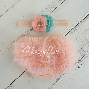 Peach ruffle bottom bloomers - mint/aqua and peach headband