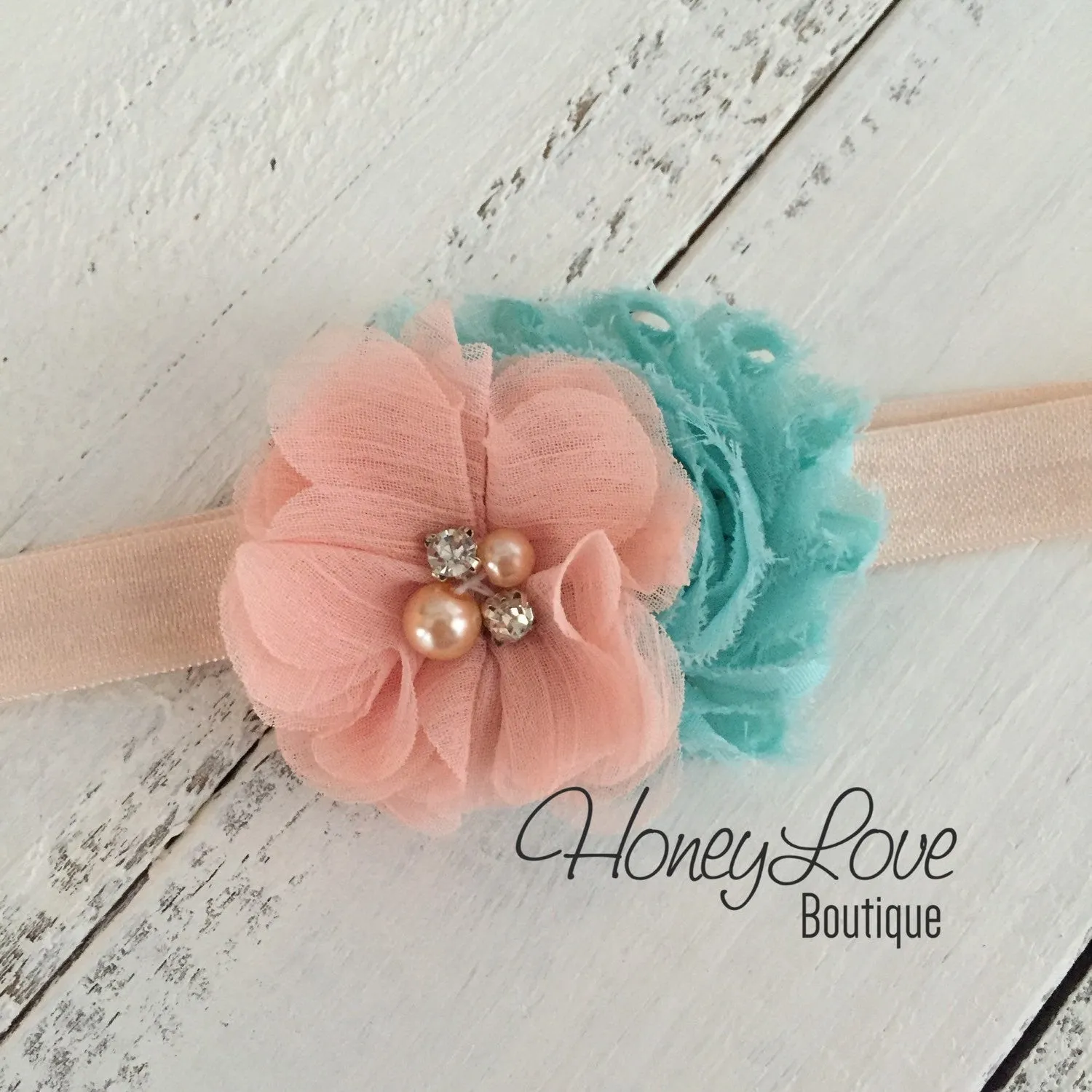 Peach ruffle bottom bloomers - mint/aqua and peach headband