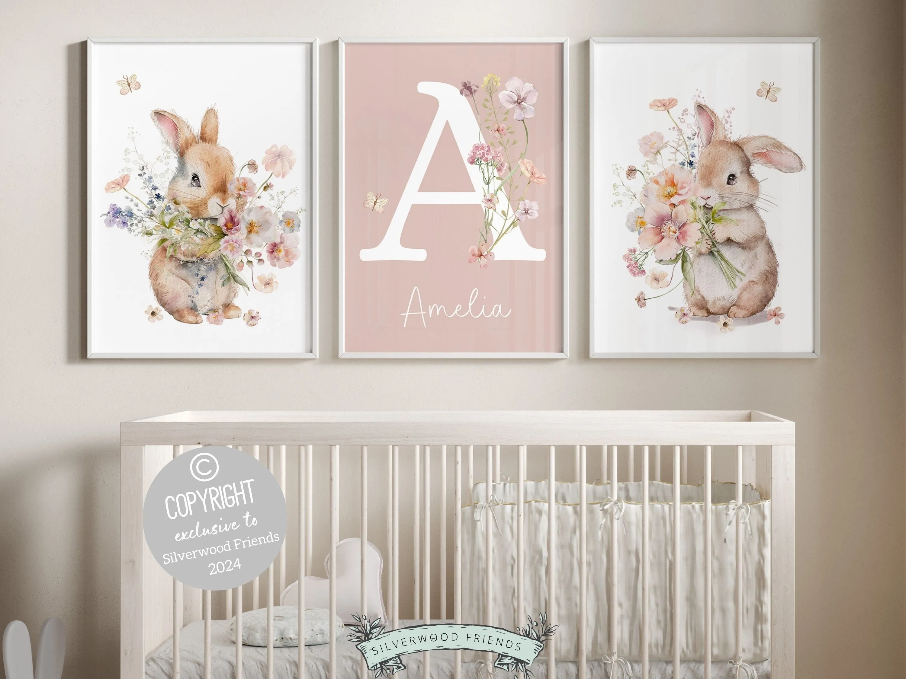 Pink Floral Bunny Nursery Prints - Personalised