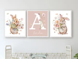 Pink Floral Bunny Nursery Prints - Personalised