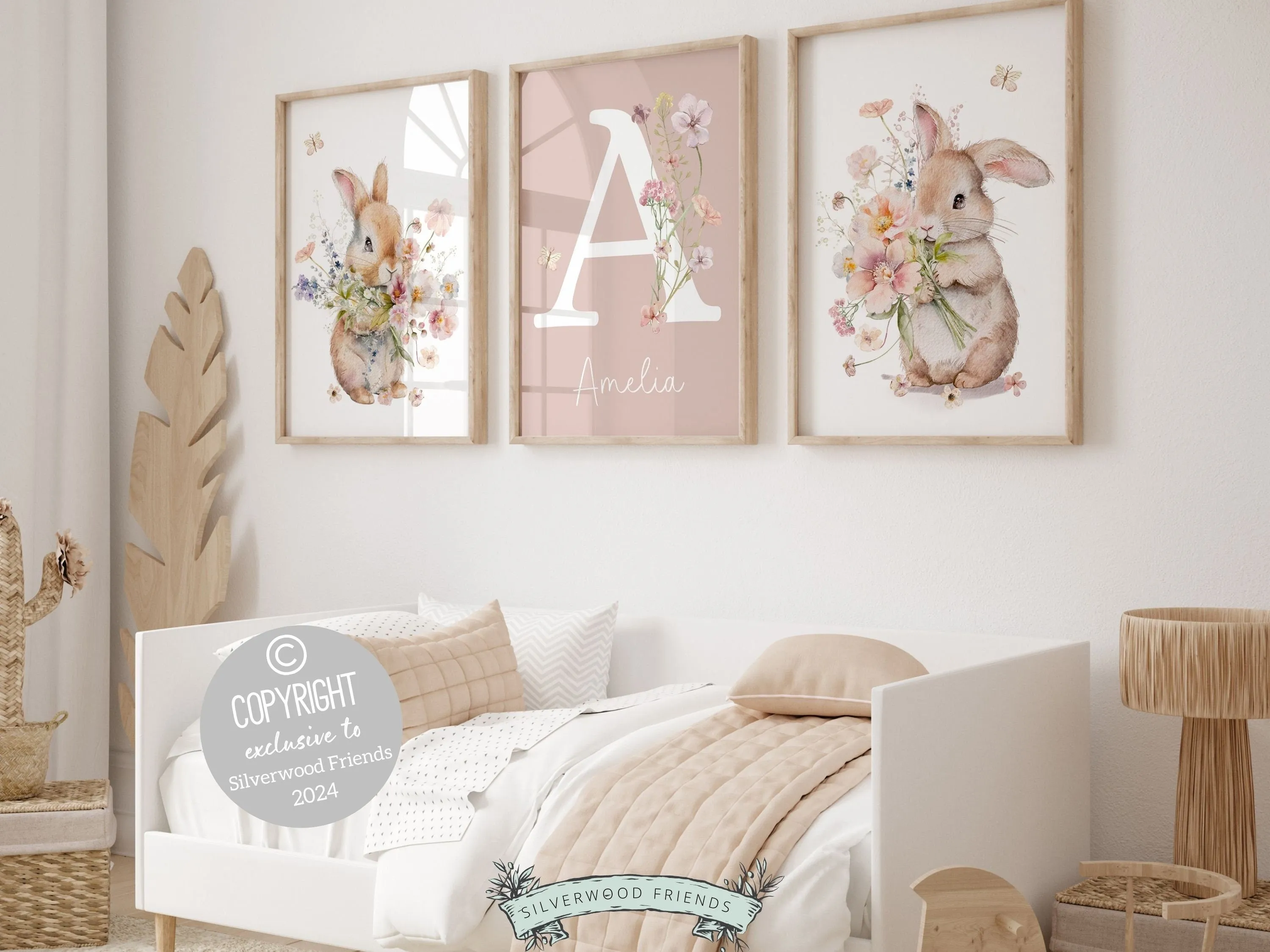 Pink Floral Bunny Nursery Prints - Personalised