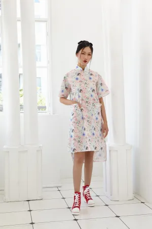 Pre-Order PASTEL PINK AND BLUE PRINTED FLORAL COTTON - A LINE DRESS WITH DETACHABLE COLLAR - MULTI