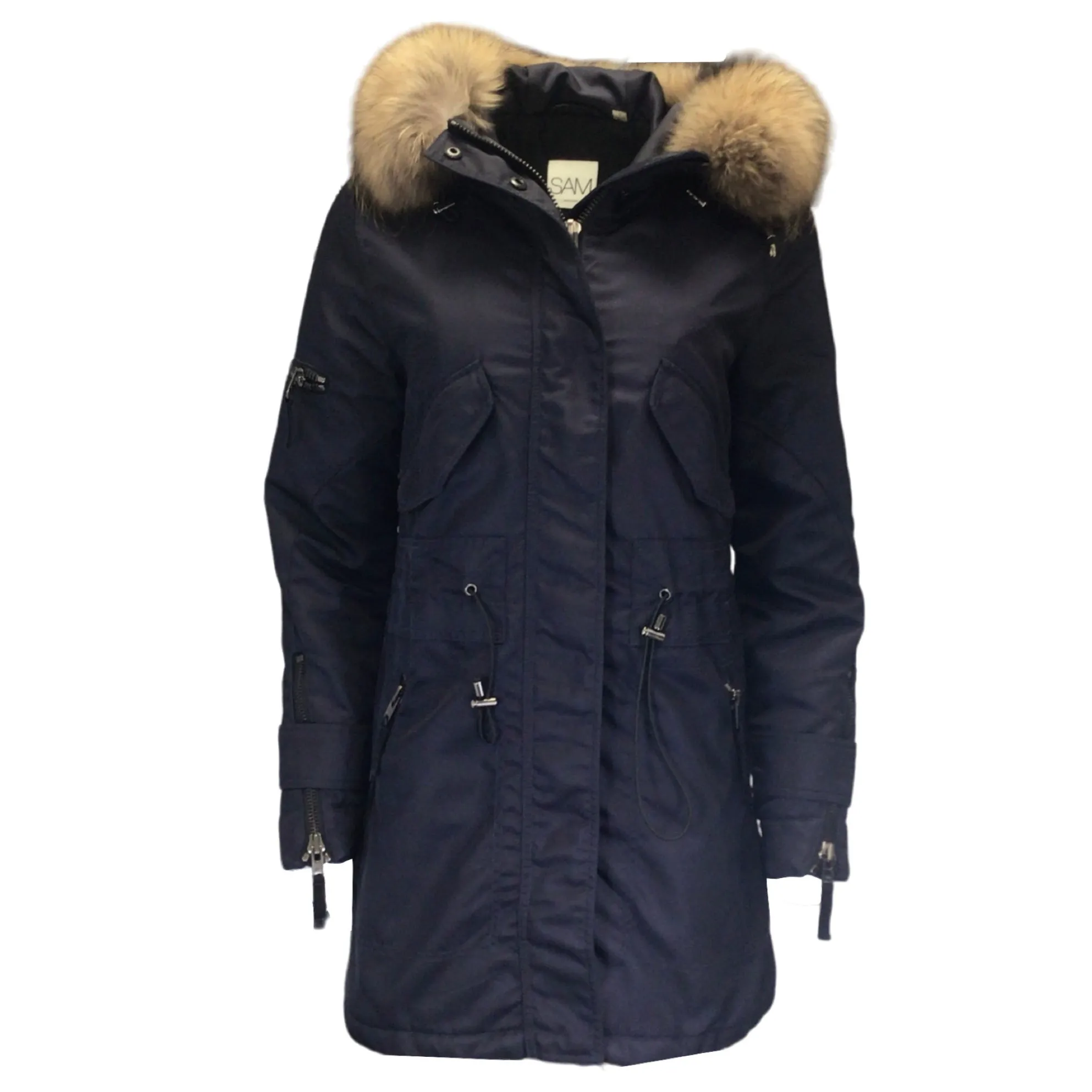 SAM. Navy Blue / Tan Raccoon Fur Trimmed Hooded Nylon Puffer Coat