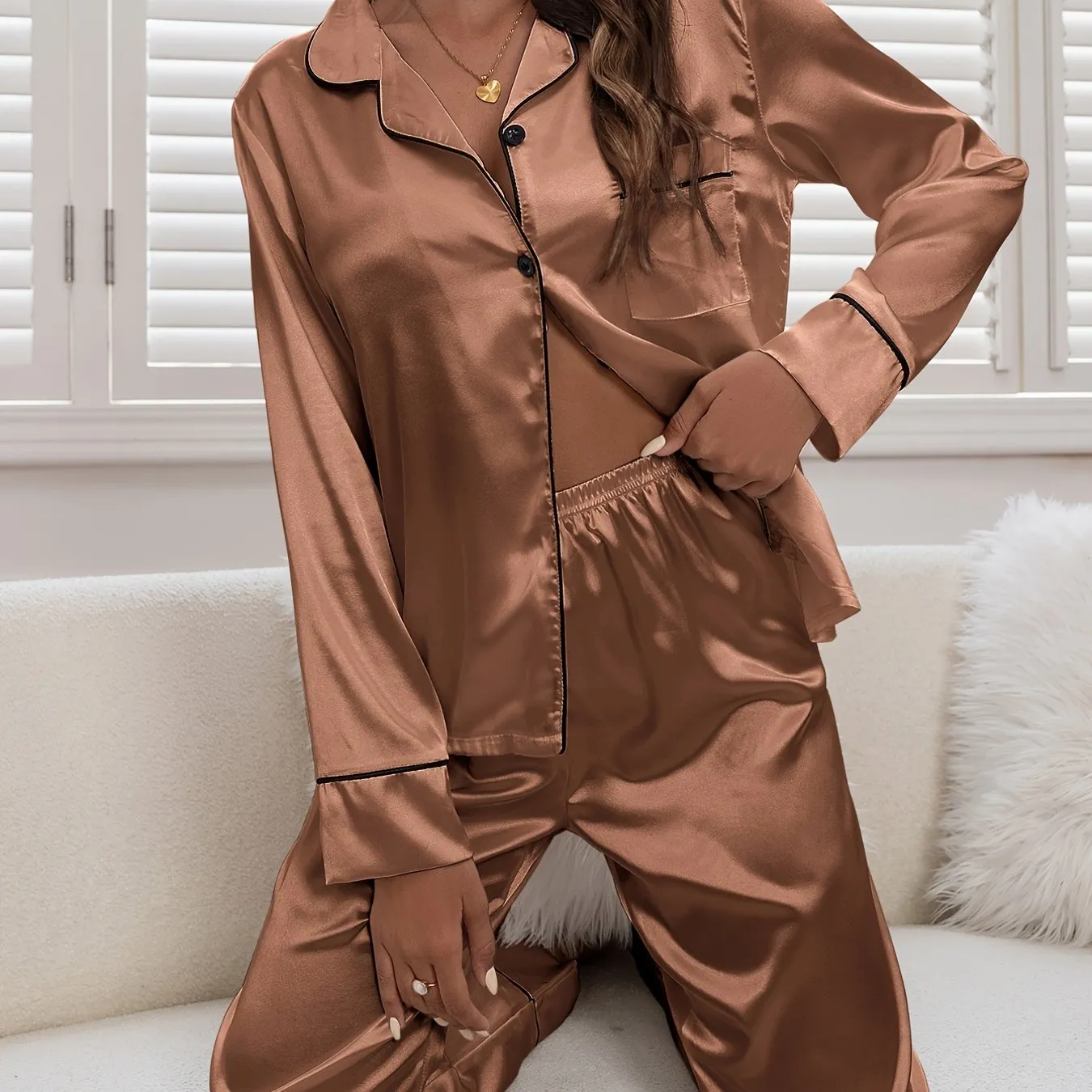 Satin Pajamas Soft Polyester Sleep Sets Two Piece Winter Lounge Sets