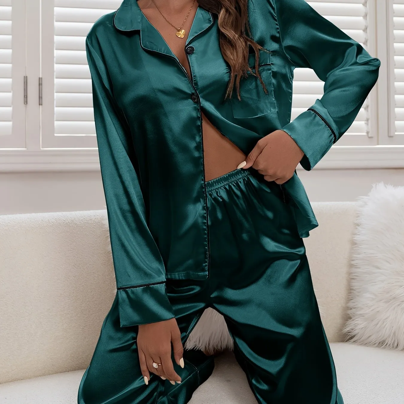 Satin Pajamas Soft Polyester Sleep Sets Two Piece Winter Lounge Sets