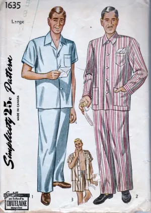 Simplicity 1635 Vintage 1940's Sewing Pattern Mens' Pajamas Long Short Pants