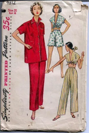 Simplicity 4312 Ladies Shortie Pajamas Tie Top Lingerie Vintage Sewing Pattern 1950s