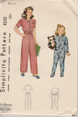 Simplicity 4545 Girls Toddlers One Piece Pajamas Vintage 1940's Sewing Pattern