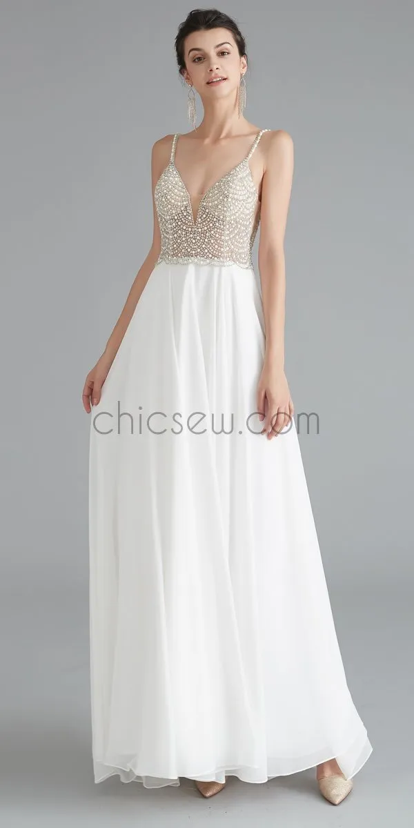 Spaghetti Strap Beaded V-back Chiffon Long Prom Dresses SDP1184