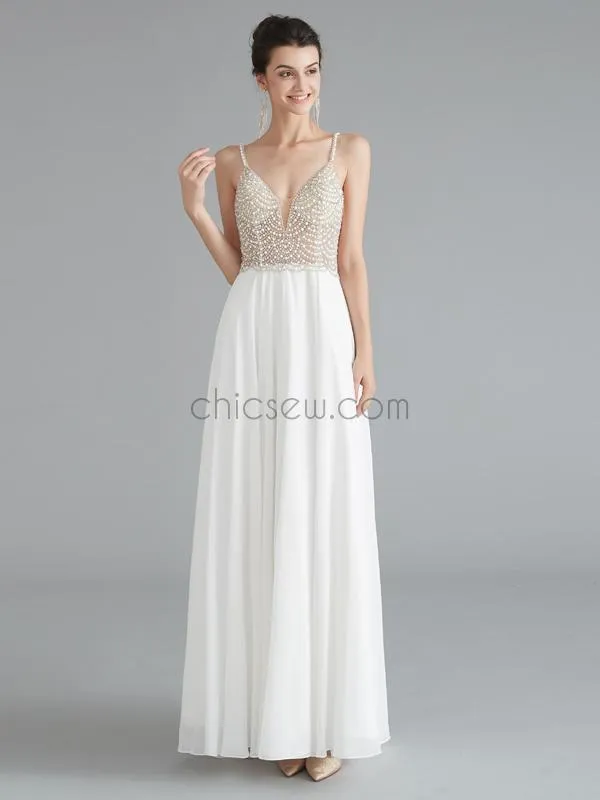 Spaghetti Strap Beaded V-back Chiffon Long Prom Dresses SDP1184