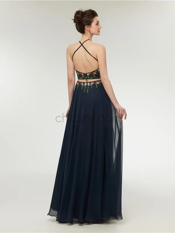 Two-pieces Navy A-line Halter Long Evening Prom Dresses SDP1145