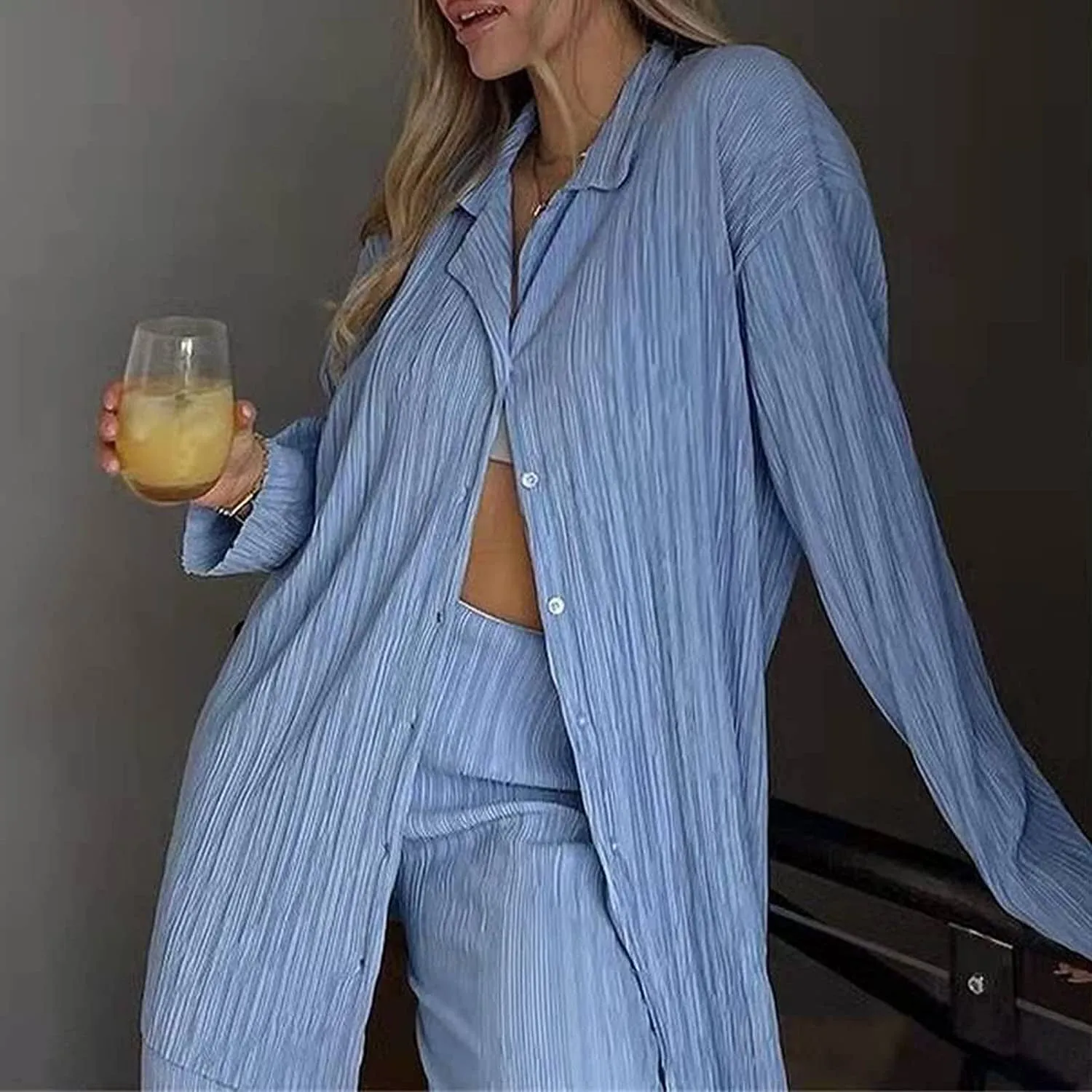 Women's Casual Long Sleeve Button Blouse Top Wide Leg Loose Streetwear Loungewear