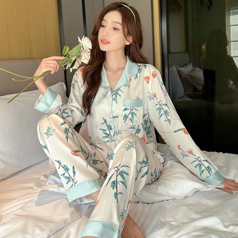 Women's Pajamas Set Fashion Colorful Leaves Print Leisure Sleepwear Silk Like Long Homewear Nightwear Femme Petite