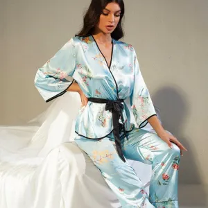 Women's Pajamas Set Vintage Blue Flower Print Sleepwear Silk Like V Neck Collar Leisure Home Clothes Homewear Nightwear